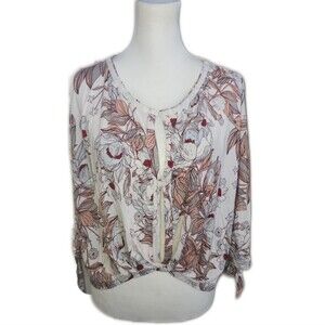 Free People Floral Print 3/4 Sleeves Button Front Oversized Blouse Top, XS